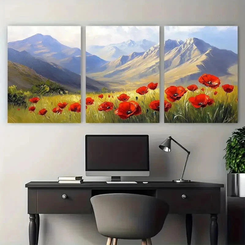 3pcs Vibrant Mountain and Red Poppies Landscape Wall Art Set Canvas Framed 40x60cm - High Quality Print 100% Australian Made Wall Canvas Ready to Hang