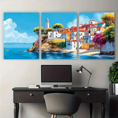 3pcs Vibrant Portugal Cityscape Colorful Coastal Metal Print Ready to Hang Art