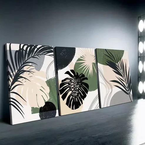 3pcs Bohemian Abstract Monstera Leaf Canvas Framed 60x90cm - High Quality Print 100% Australian Made Wall Canvas Ready to Hang