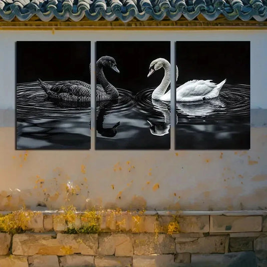 3pcs Black and White Swan Dark Theme Design Metal Print Ready to Hang Art