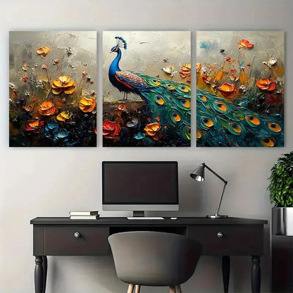 3pcs Vibrant Peacock Bird Impasto Design Metal Print Ready to Hang Art