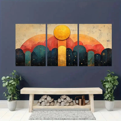 3pcs Abstract Vibrant Geometric Moon & Stars Metal Print Ready to Hang Art