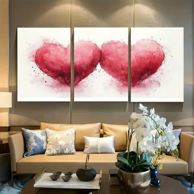 3pcs Romantic Pink Watercolor Heart Pair Metal Print Ready to Hang Art