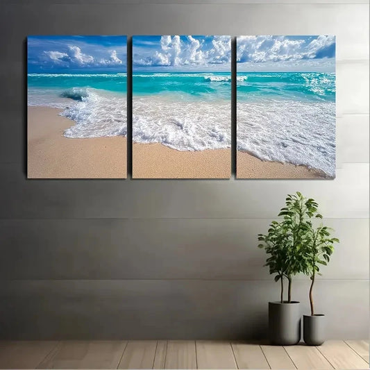 3pcs Turquoise Ocean Waves Sandy Shore Wall Art Set Canvas Framed 50x70cm - High Quality Print 100% Australian Made Wall Canvas Ready to Hang