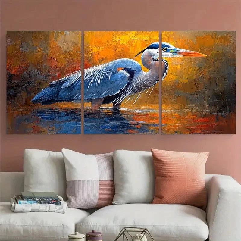 3pcs Great Blue Heron Birds Illustration in Water Metal Print Ready to Hang Art