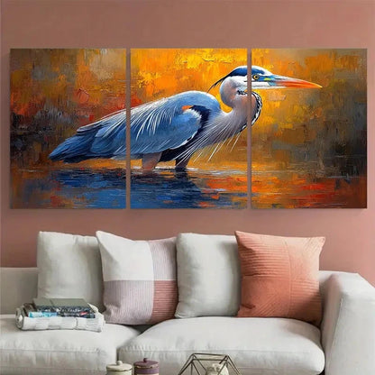 3pcs Great Blue Heron Birds Illustration in Water Metal Print Ready to Hang Art