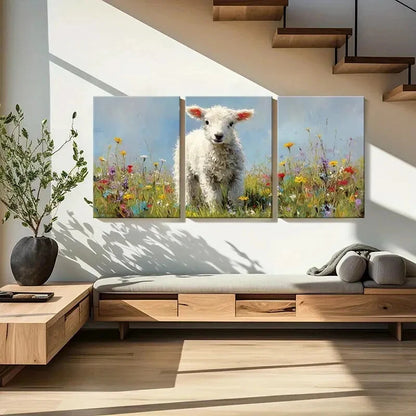 3pcs Whimsical Lamb in Floral Meadow Soft Pastel Metal Print Ready to Hang Art