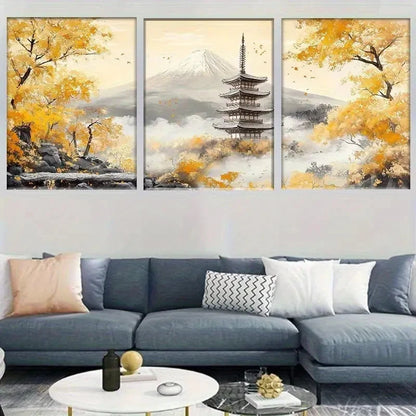 3pcs Mount Fuji Temple Tower & Autumn Trees Metal Print Ready to Hang Art