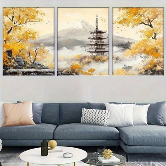 3pcs Mount Fuji Temple Tower & Autumn Trees Metal Print Ready to Hang Art