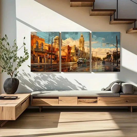 3pcs Golden Architecture Serene Street Metal Print Ready to Hang Art