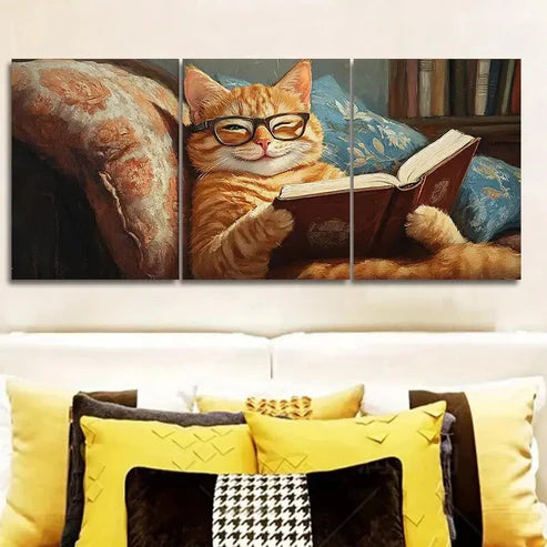 3pcs A cat reading on the couch Wall Art Canvas Unframed - High Quality Print 100% Australian Made Wall Canvas