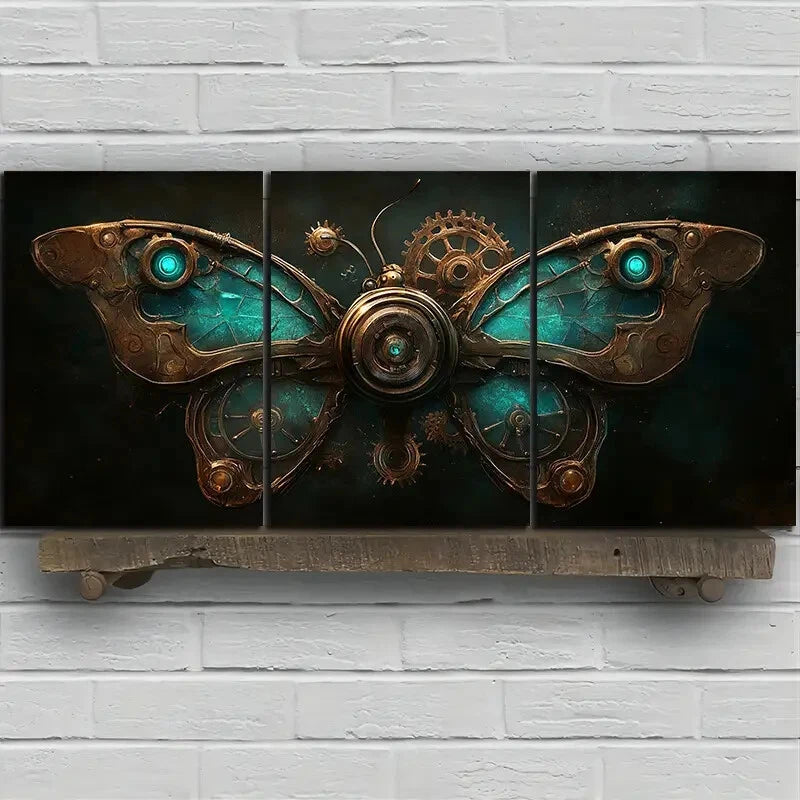3pcs Mechanical Butterfly Blue Metal Print Ready to Hang Art