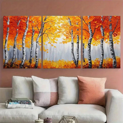 3pcs Vibrant Autumn Birch Trees Orange and Yellow Metal Print Ready to Hang Art