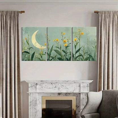 3pcs Moonlit Floral Garden Yellow Flowers Metal Print Ready to Hang Art