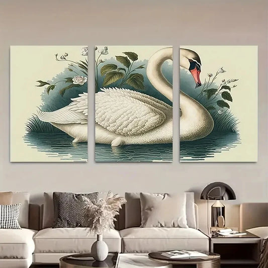 3pcs Elegant Swans in Floral and Water Metal Print Ready to Hang Art