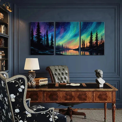 3pcs Starry Sky Northern Lights Forest Silhouette Metal Print Ready to Hang Art