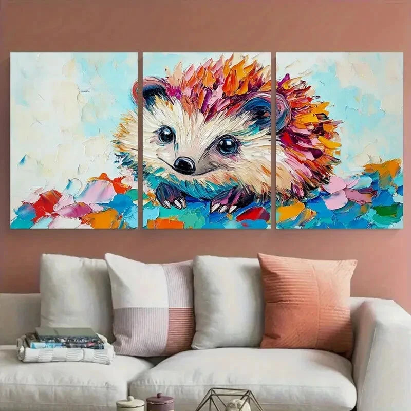 3pcs Cute Hedgehog Impasto Colorful Animal Metal Print Ready to Hang Art