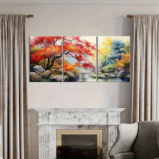 3pcs Watercolor Style Trees Rivers Vintage Metal Print Ready to Hang Art