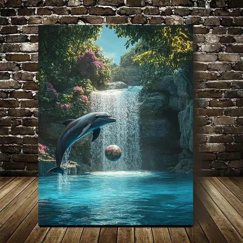 Dolphin & Ball Neon Glow Waterfall Scene Painting 40x60cm Metal Print Ready to Hang