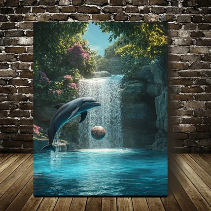 Dolphin & Ball Neon Glow Waterfall Scene Painting 40x60cm Metal Print Ready to Hang