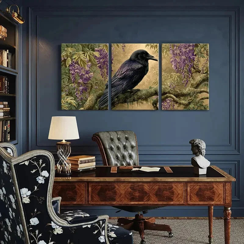 3pcs Black Bird Purple Flowers & Branch Design Metal Print Ready to Hang Art