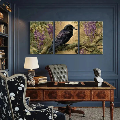 3pcs Black Bird Purple Flowers & Branch Design Metal Print Ready to Hang Art