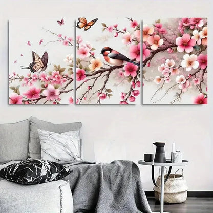 3pcs Elegant Bird Cherry Blossom Wall Art Set Canvas Framed 60x90cm - High Quality Print 100% Australian Made Wall Canvas Ready to Hang