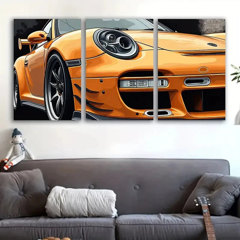 3pcs Vibrant Orange Sports Car Illustrations Wall Art Set Canvas Framed 60x90cm - High Quality Print 100% Australian Made Wall Canvas Ready to Hang