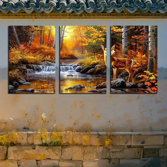 3pcs Autumn Forest Deer Stream Scene Metal Print Ready to Hang Art