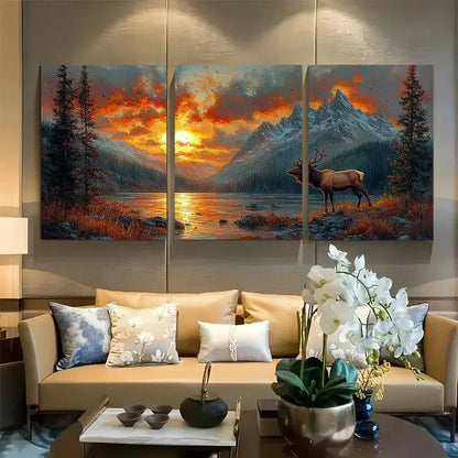 3pcs Majestic Bugling Elk in Sunset Mountain Scene Metal Print Ready to Hang Art