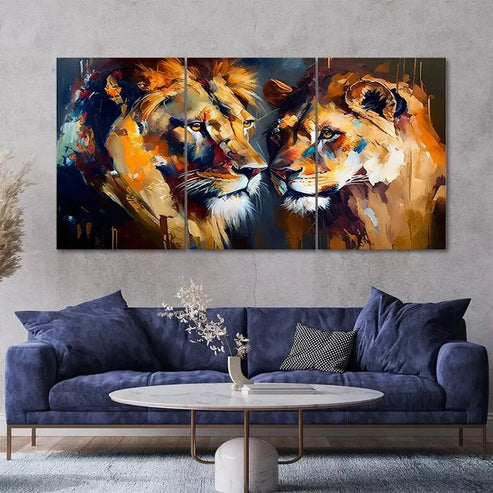3 Piece Lion and Lioness Art with Golden Wall Art Set Canvas Unframed - High Quality Print 100% Australian Made Wall Canvas