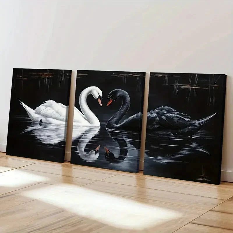 3pcs Black And White Swan, Reflections Painting Wall Art Set Canvas Framed 60x90cm - High Quality Print 100% Australian Made Wall Canvas Ready to Hang
