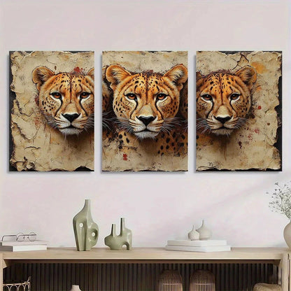 3pcs Vintage Leopard Lion & Cheetah Animal Metal Print Ready to Hang Art