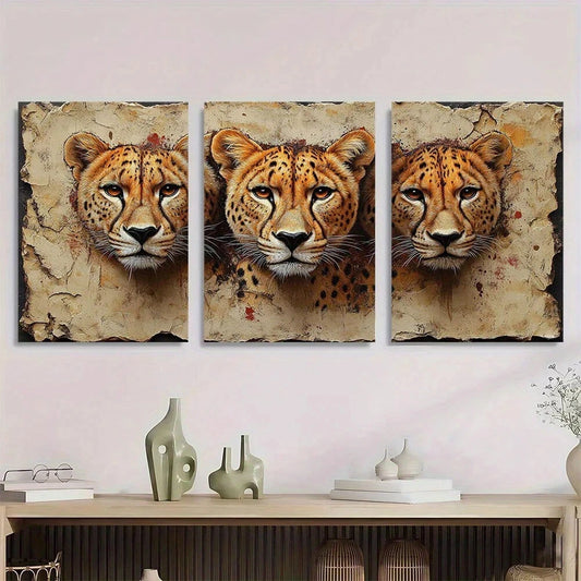3pcs Vintage Leopard Lion & Cheetah Animal Metal Print Ready to Hang Art