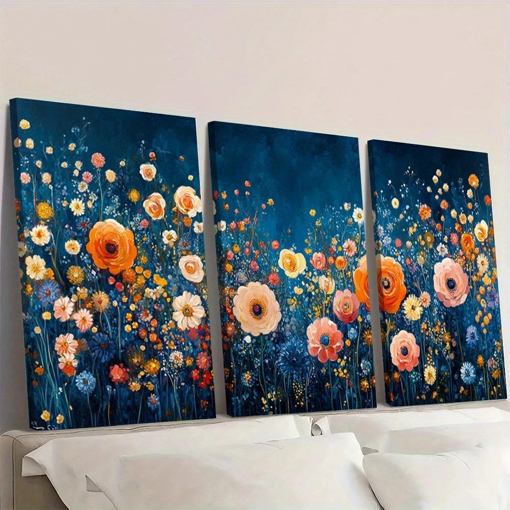3pcs Vibrant Floral Design Blue Garden Wall Art Set Canvas Framed 50x70cm - High Quality Print 100% Australian Made Wall Canvas Ready to Hang