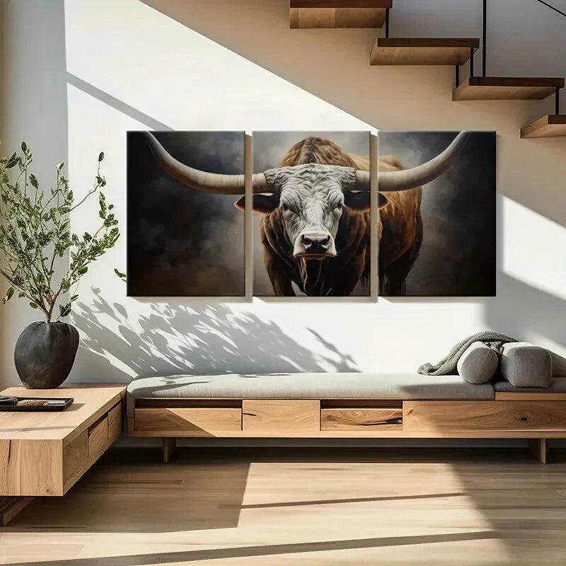 3pcs Rustic Longhorn Bull Farmhouse Style Metal Print Ready to Hang Art