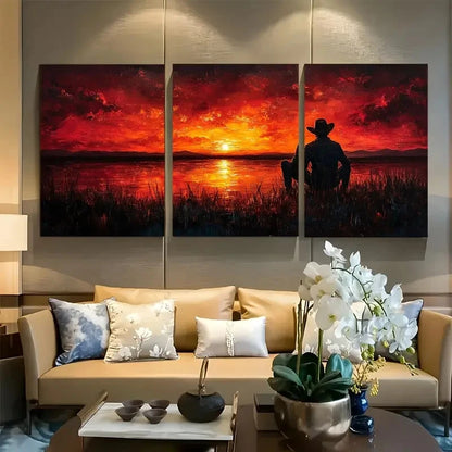 3pcs Cowboy Campfire Sunset Western Rustic Ranch Metal Print Ready to Hang Art