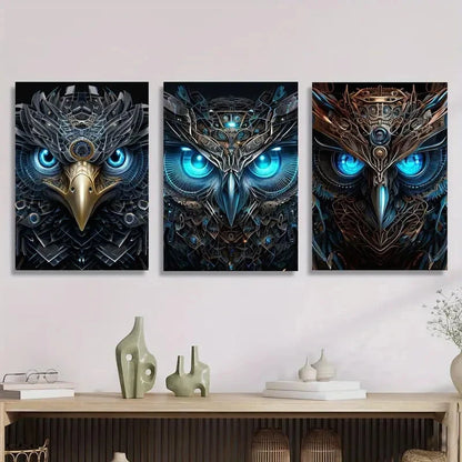 3pcs Abstract Retro Owl, Mechanical Metal Print Ready to Hang Art