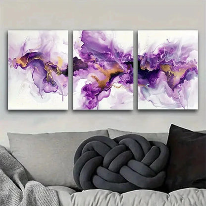 3pcs Purple And Golden Abstract Painting Metal Print Ready to Hang Art