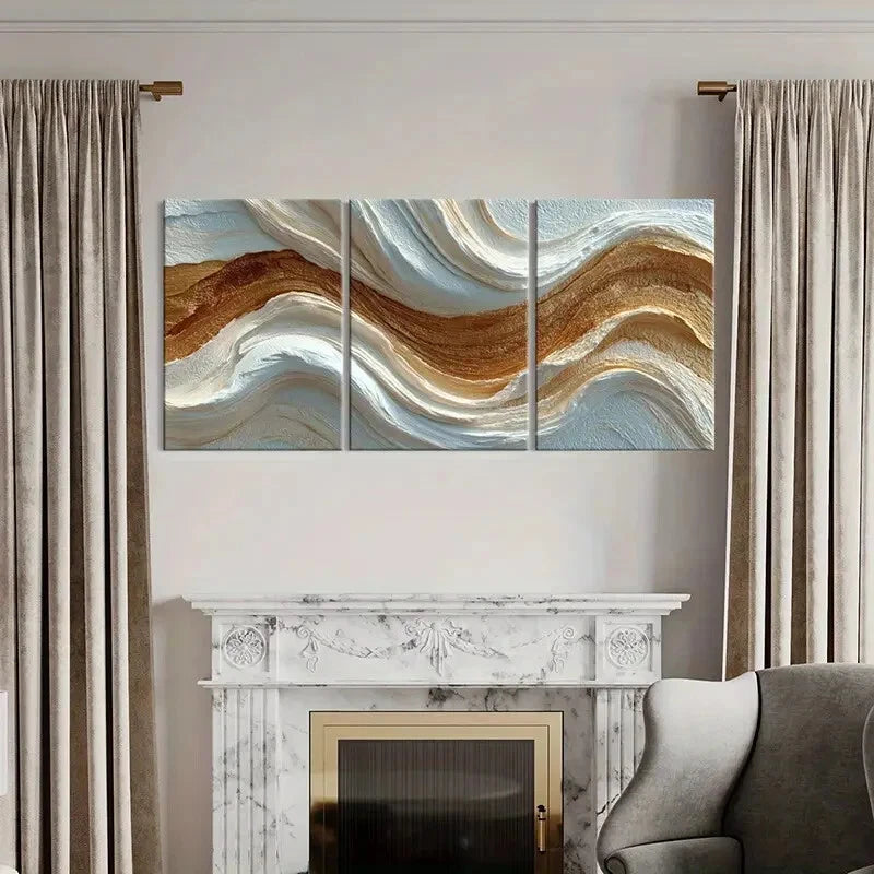 3pcs Abstract Wavy Lines Art Beige Brown White Metal Print Ready to Hang Art
