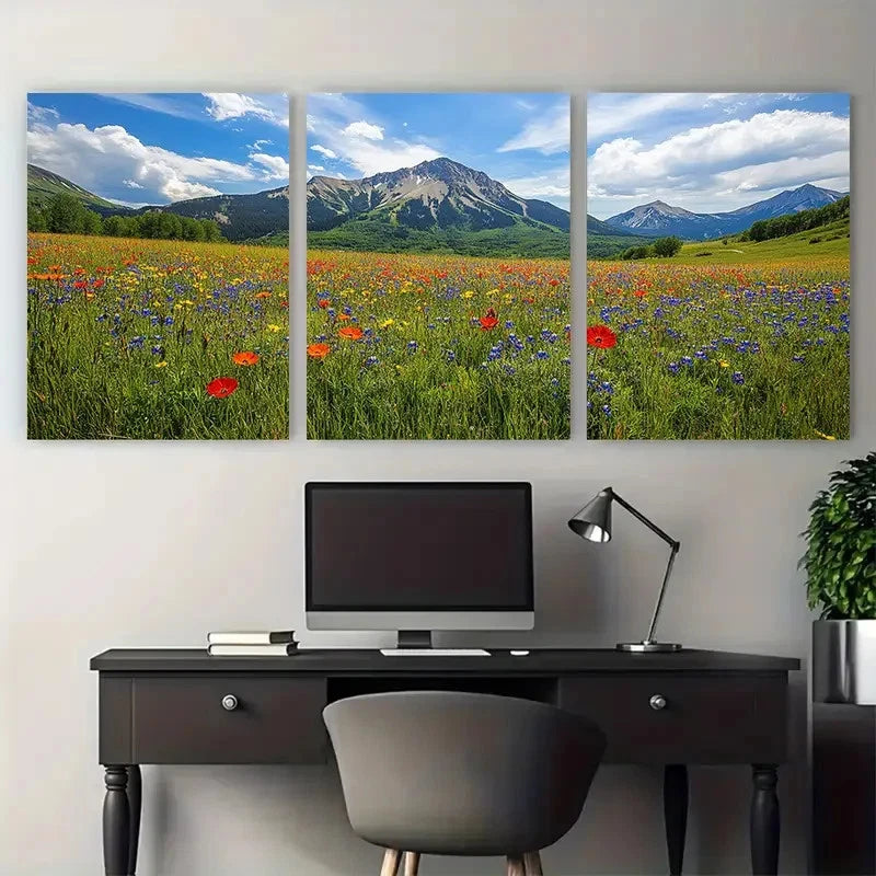 3pcs Crested Butte Wildflower with Mountain View Metal Print Ready to Hang Art