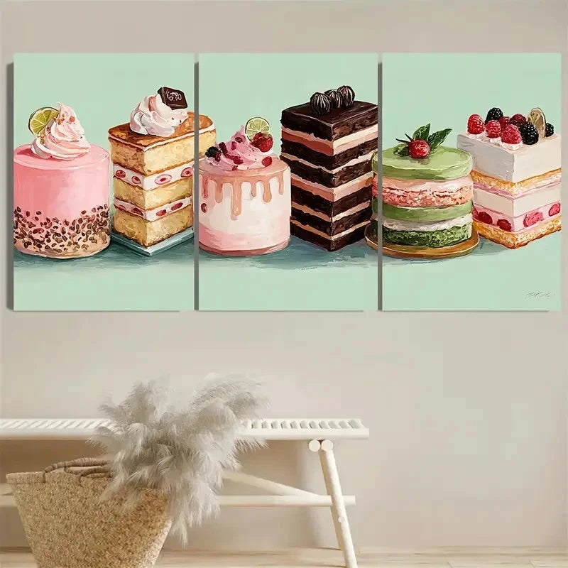 3pcs Kawaii Dessert Food Kitchen Decor Art Wall Art Set Canvas Framed 50x70cm - High Quality Print 100% Australian Made Wall Canvas Ready to Hang