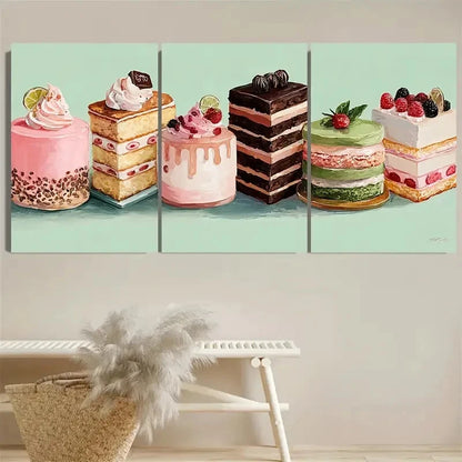 3pcs Kawaii Dessert Food Kitchen Decor Art Wall Art Set Canvas Framed 50x70cm - High Quality Print 100% Australian Made Wall Canvas Ready to Hang