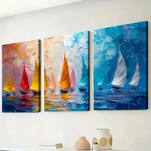 3pcs Sailboats on Water Scene Sailing Perfect Wall Art Canvas Unframed - High Quality Print 100% Australian Made Wall Canvas