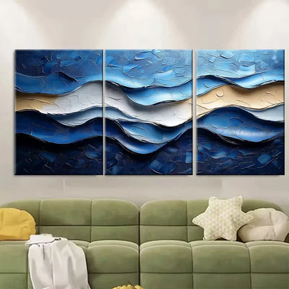 3pcs Wavy Blue and White Abstract Metal Print Ready to Hang Art