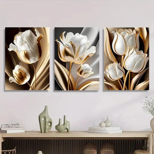 3pcs Elegant Floral Black and Golden Metal Print Ready to Hang Art