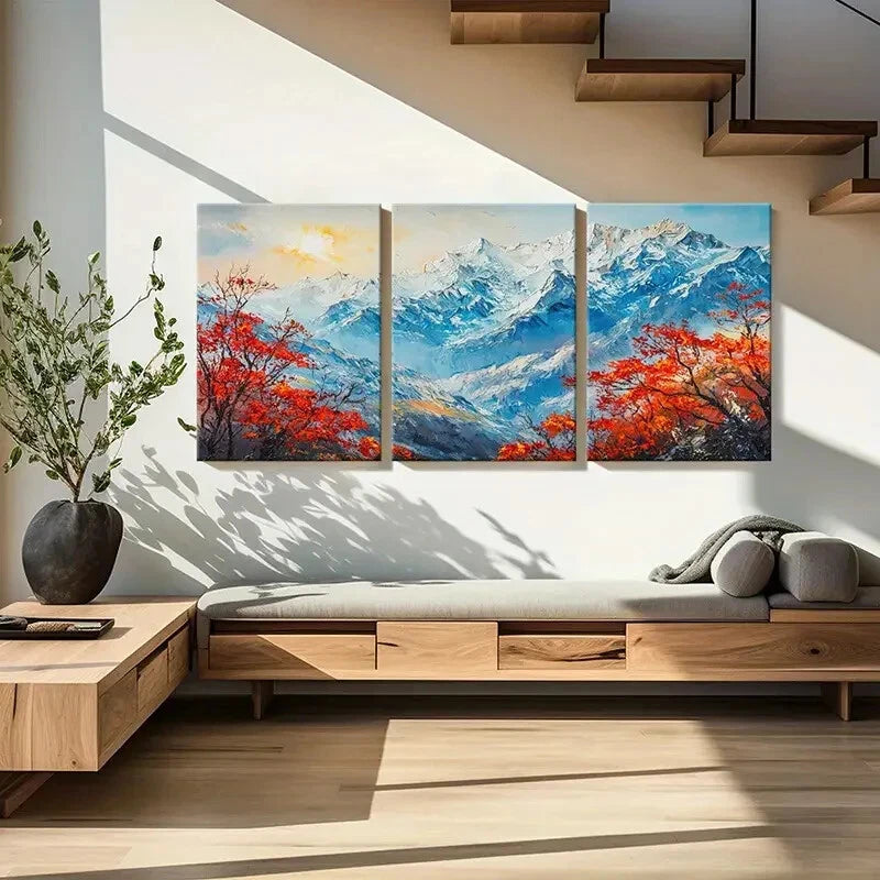 3pcs Alpine Landscape Snowy Peaks Vibrant Colors Metal Print Ready to Hang Art