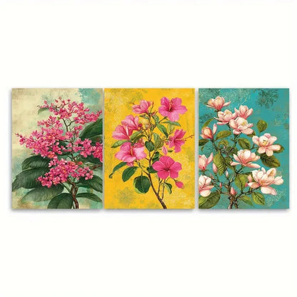 3pcs Bangladesh Travel Floral Illustration Wall Art Set Canvas Framed 50x70cm - High Quality Print 100% Australian Made Wall Canvas Ready to Hang