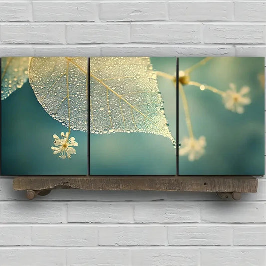 3pcs Leaves with Dewdrops Design Metal Print Ready to Hang Art