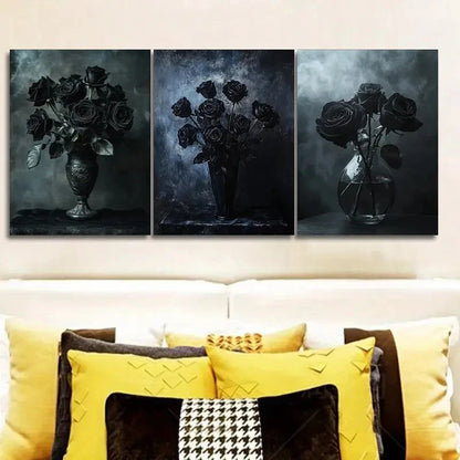 3pcs Featuring Design of Black Roses Vase Metal Print Ready to Hang Art